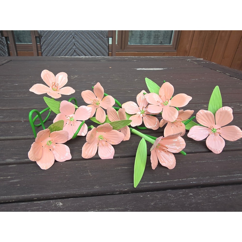 Set of 11 Pink Metal Flowers Garden Art Yard Decor Stems Wire Hanger